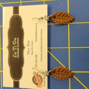 LEATHER Feather Leaf Leaves Earrings 0.5"